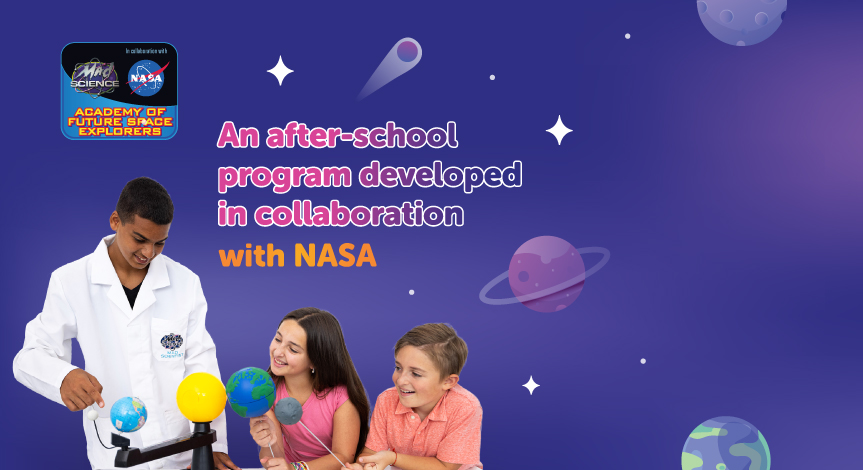 An Instructor teaching kids about the solar system using a model from our NASA Academy of Future Space Explorers after-school